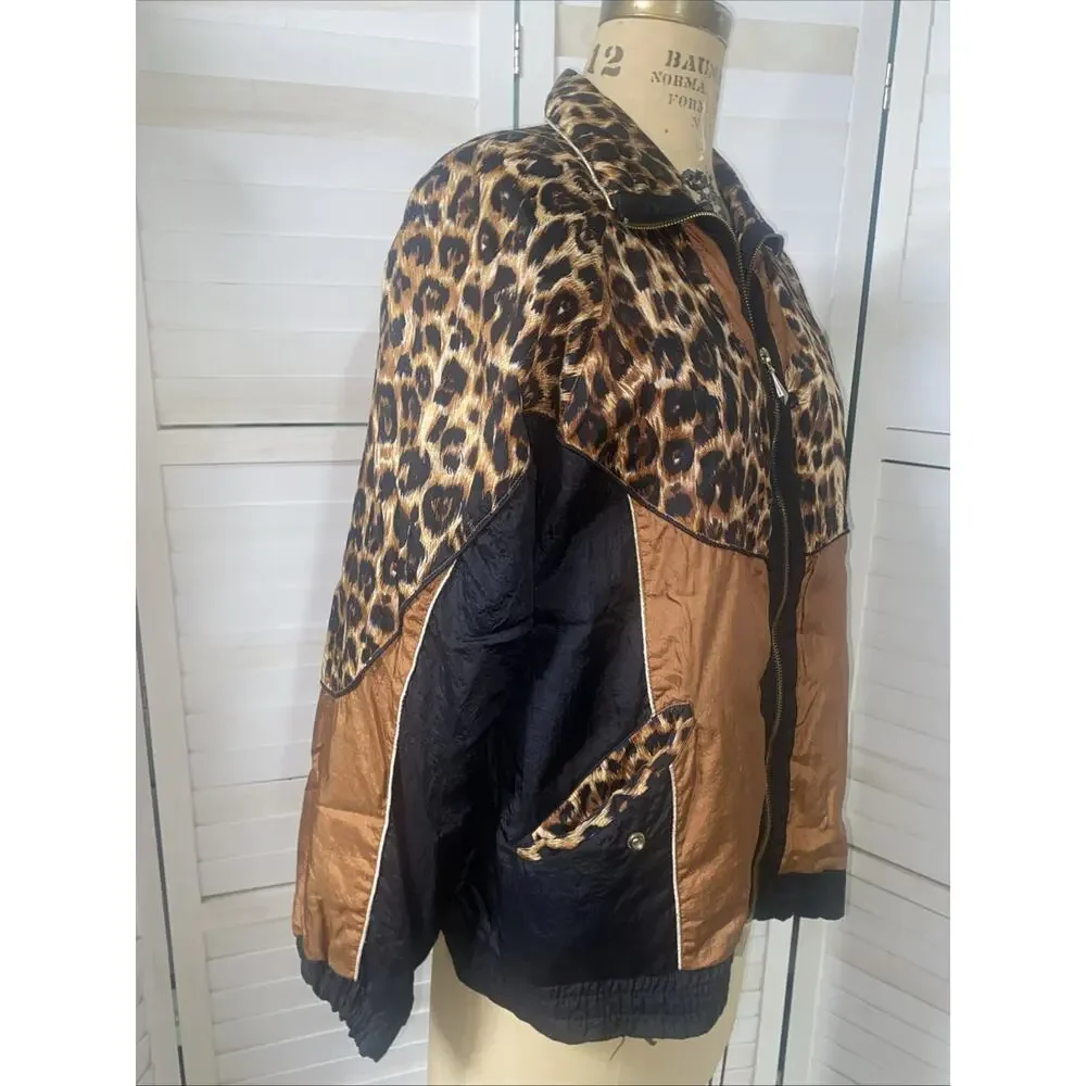 80s Wind Breaker Black and Brown Cheetah Pattern Metallic Gold Trim Small/Medium - Picture 2 of 9